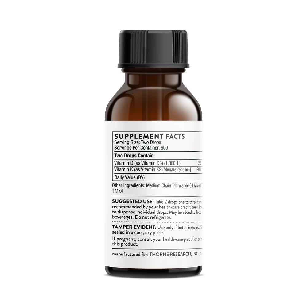 THORNE Vitamin D + K2 Liquid with a metered Dispenser - Vitamins D3 and K2 to Support Healthy Bones and Muscles* - 1 Fl Oz (30 ml) - 600 Servings