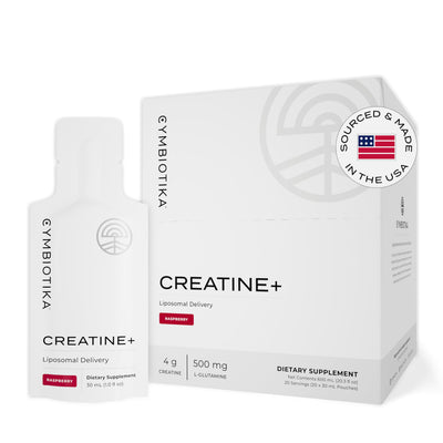 CYMBIOTIKA Creatine+, Creatine and Glutamine Supplement for Amino Energy, Recovery, Muscle Mass & Brain Support, Liposomal Delivery, Gluten Free & Vegan, Raspberry Flavor - 30ml Pouches (Pack of 20)