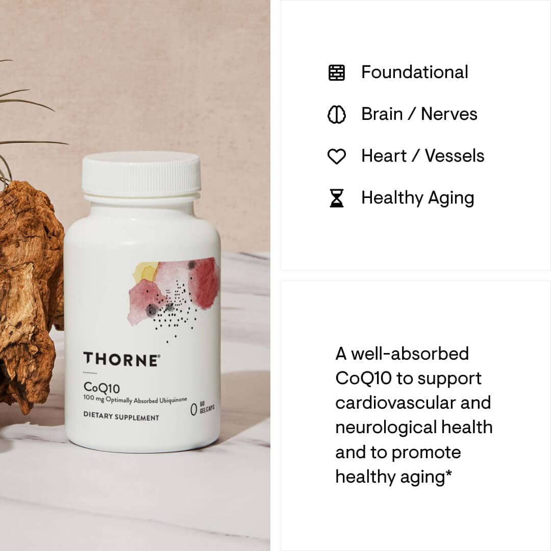 THORNE CoQ10 (Formerly Q-Best 100) - 100mg Optimally Absorbed Ubiquinone - Gluten-Free Dietary Supplement Support for Heart Health & Brain Function - 60 Gelcaps