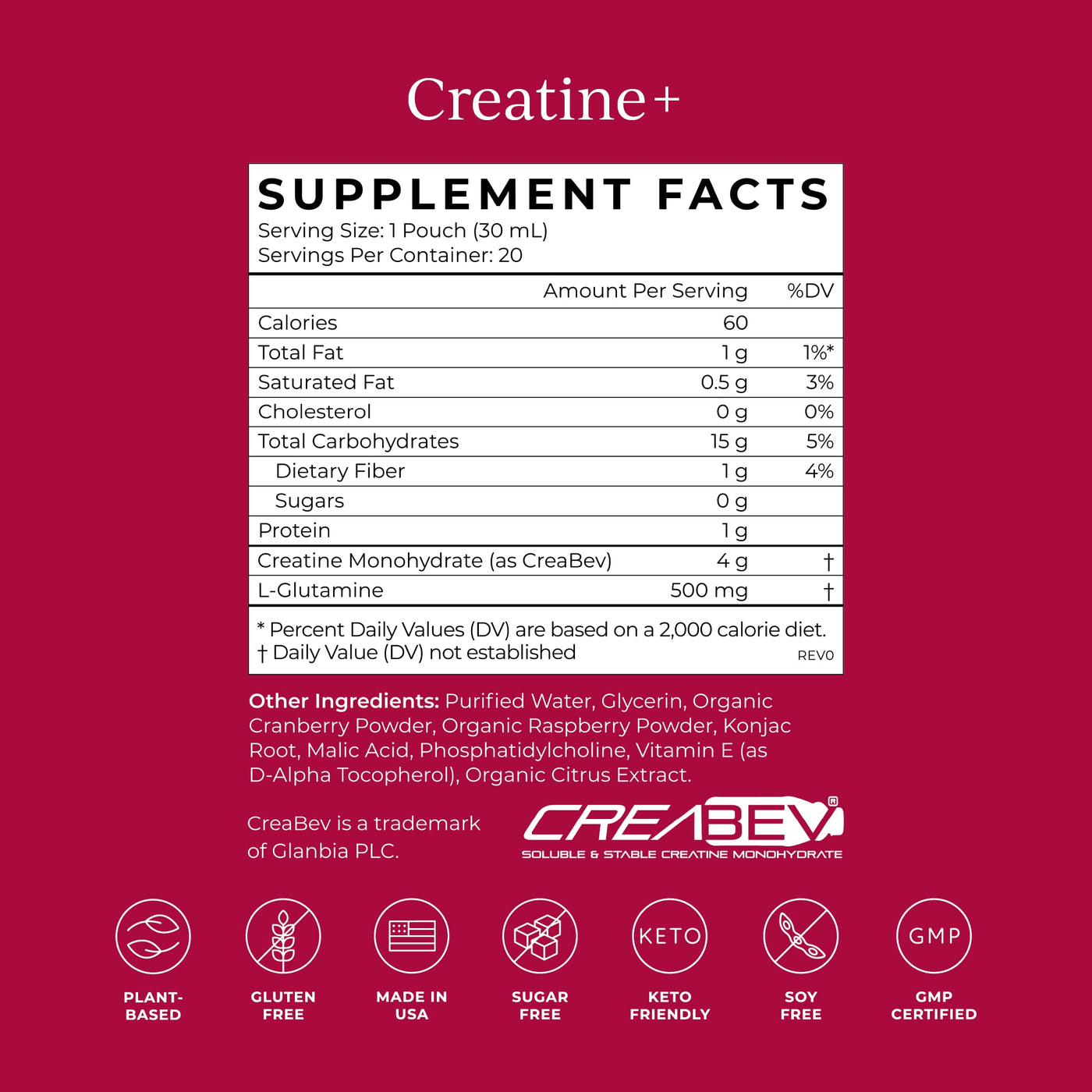 CYMBIOTIKA Creatine+, Creatine and Glutamine Supplement for Amino Energy, Recovery, Muscle Mass & Brain Support, Liposomal Delivery, Gluten Free & Vegan, Raspberry Flavor - 30ml Pouches (Pack of 20)