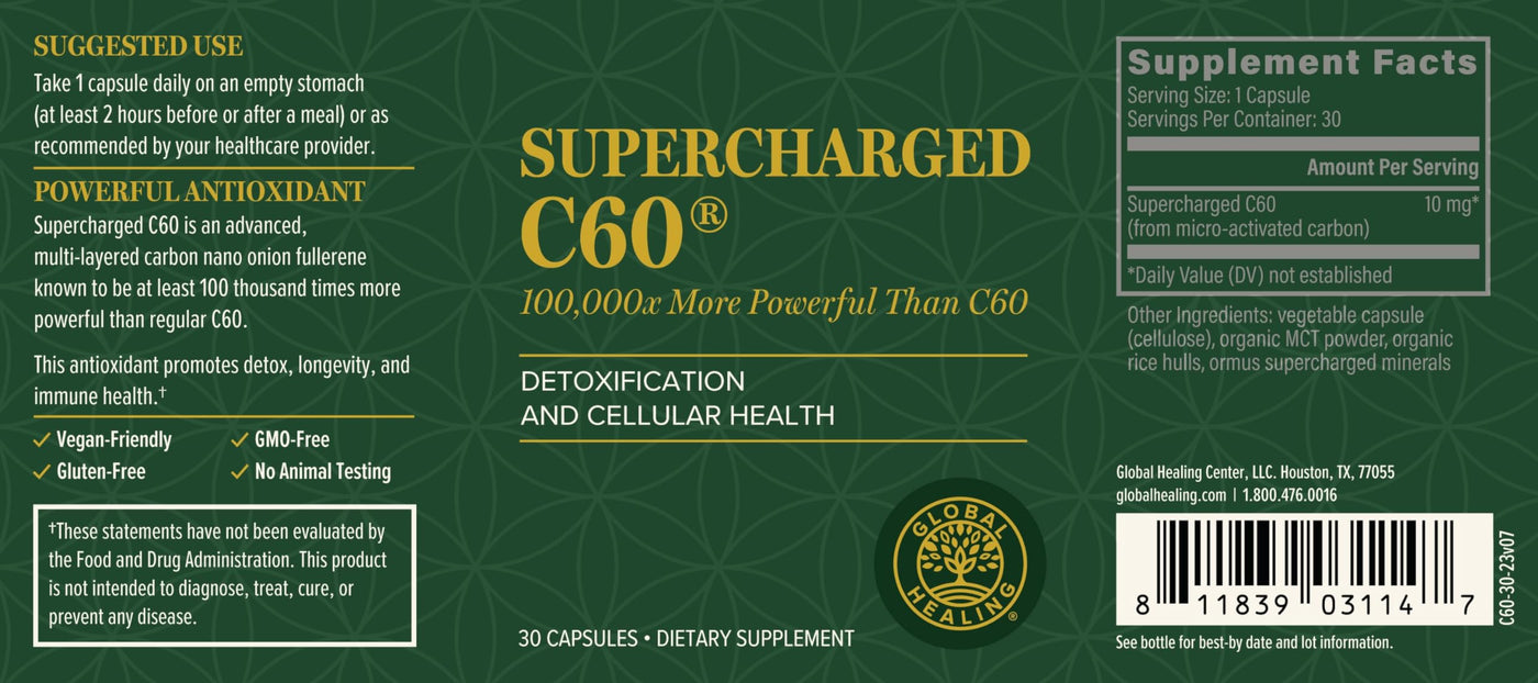 Global Healing Center Supercharged C60 - Micro-Activated Carbon Fullerene w/Organic MCT Powder, 10 Times More Powerful Than Regular C60 Supplements - Helps Detoxification, Aging (30 Capsules)