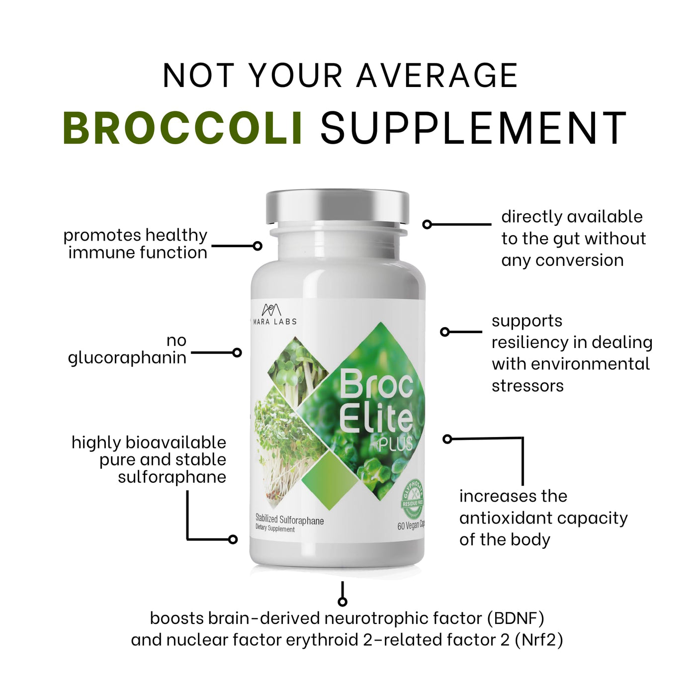 Mara Labs Broc Elite Plus | Broccoli Supplement w/Stabilized Sulforaphane Extract | Zero Glyphosate Residue | 60 Vegetable Capsules