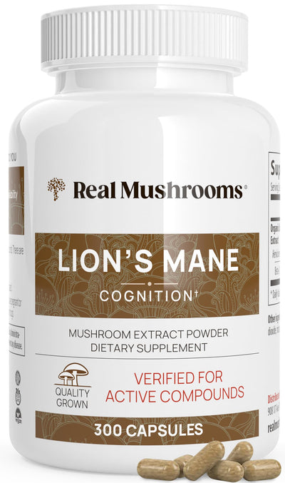 Real Mushrooms Lion’s Mane Capsules - Organic Lions Mane Mushroom Extract for Cognitive Function & Immune Support - Brain Mushroom Supplements for Memory and Focus - Vegan, 300 Caps