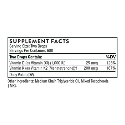 THORNE Vitamin D + K2 Liquid with a metered Dispenser - Vitamins D3 and K2 to Support Healthy Bones and Muscles* - 1 Fl Oz (30 ml) - 600 Servings