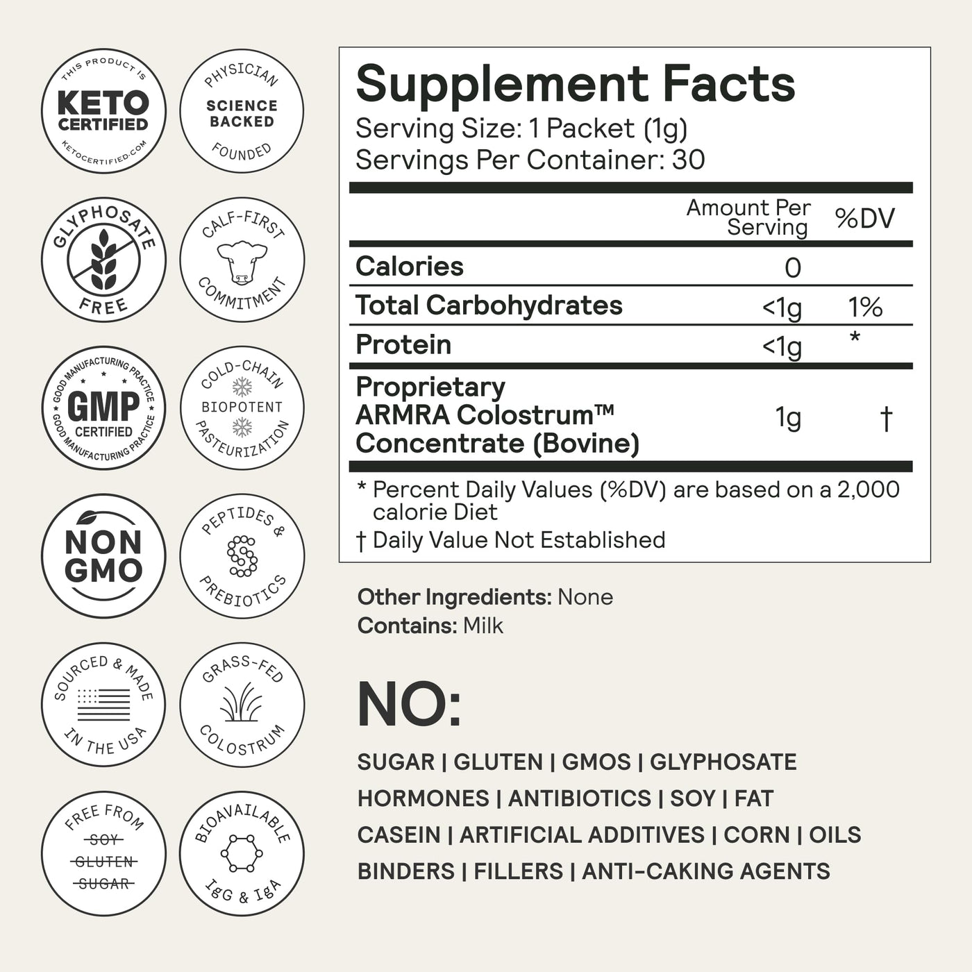 ARMRA Colostrum™ Premium Powder, Grass Fed, Gut Health Bloating Immunity Skin & Hair, Contains 400+ Bioactive Nutrients, Potent Bioavailable, Keto, Gluten & Fat Free (Unflavored | 30 Servings)