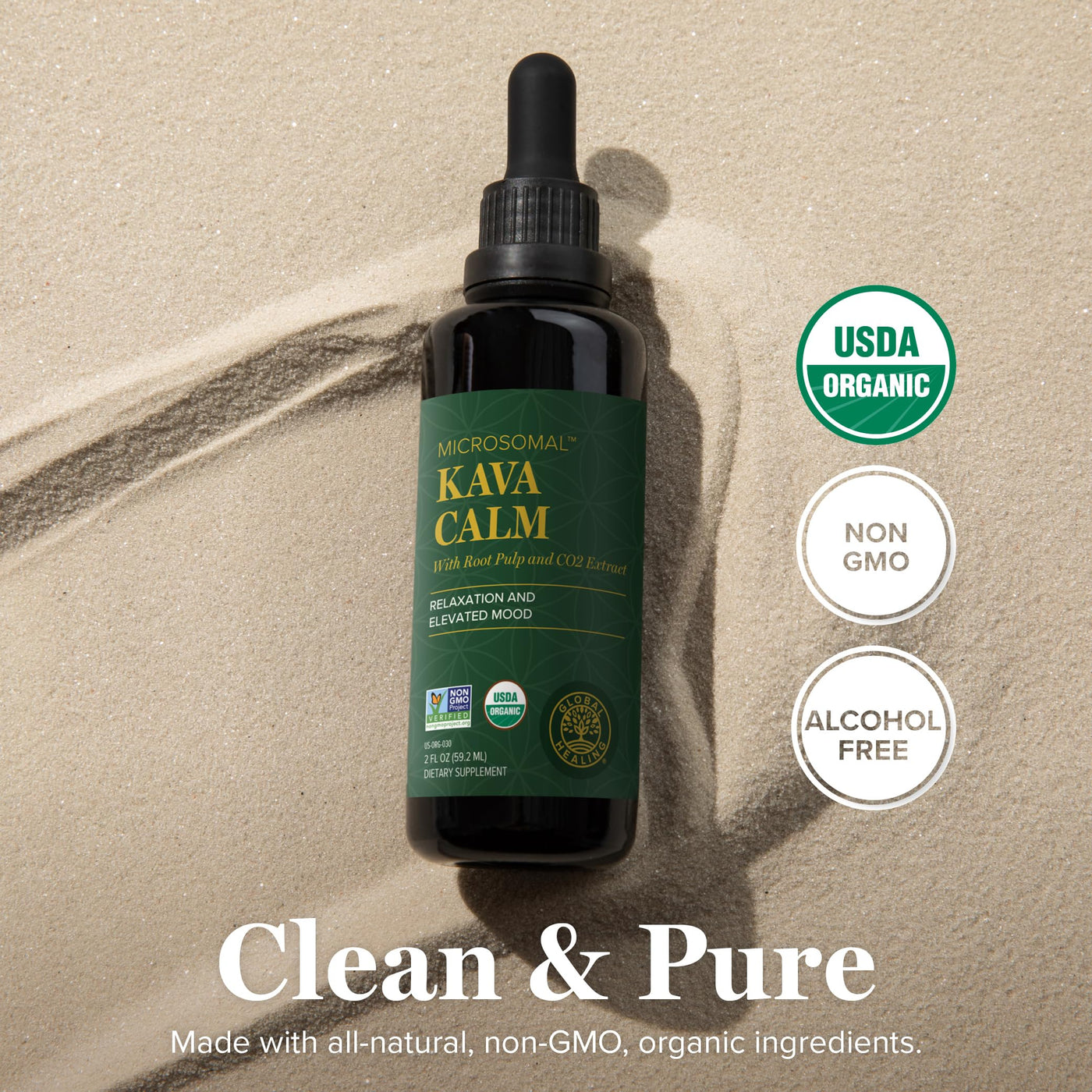 Global Healing Organic Kava Calm - MicroSomal Tech for More Bioavailable Kava Kava Root Pulp Extract, Pure Kava Drops - Keep Kalm with Kava and Enjoy in Your Tea Or Coffee Drink - 2 Fl Oz